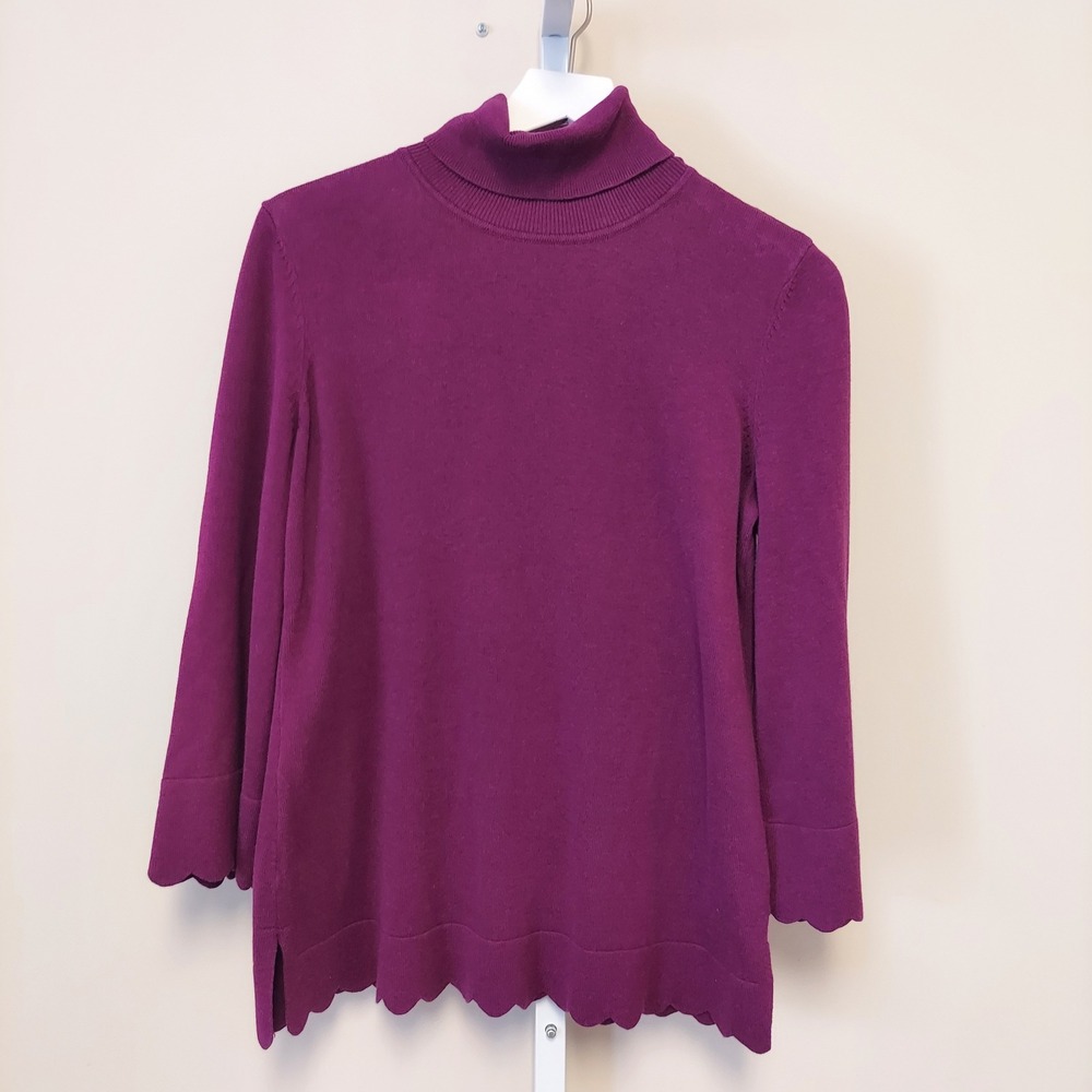 Isaac Mizrahi Live Womens M Turtleneck Sweater Burgundy Scalloped Hem